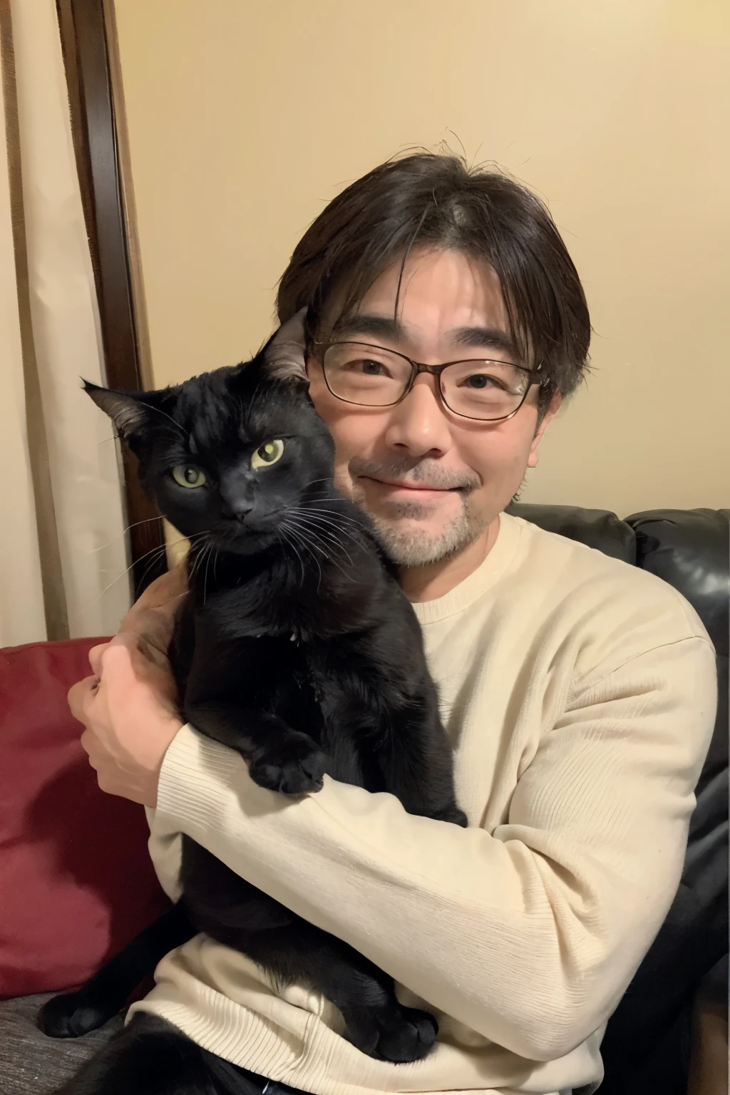middle-aged man wearing glasses、Generates an image depicting a scene of a black cat being affectionately stroked。This man gives the impression of being intelligent and calm..、Creates a warm atmosphere。His clothes are simple、Warm colors and soft materials。He wears glasses.、Exudes intellectual appeal.。The cat sat on his lap、Imagine the following scenario:'Being around him.。His face expresses kindness and happiness..、I feel a deep bond with my cat..。The background is unified in warm colors..、Cozy、Describe it as a welcoming space。The generated image is、For pet lovers and fashion enthusiasts、Provide attractive images that convey love and warmth。