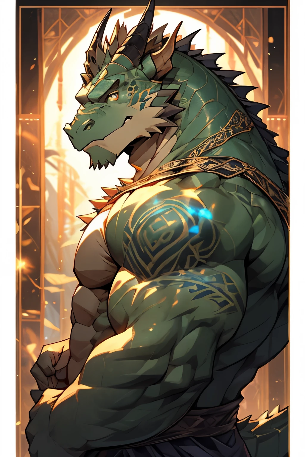 Mordekainen, the enigmatic Orcish High Mage, is depicted as a komodo dragon of colossal muscles and ancient wisdom. His body is a magnificent fusion of humanoid form and the raw power of a komodo dragon. Sculpted muscles ripple across his broad back and thick torso, while his scaly skin is adorned with intricate tattoos of arcane symbols that shimmer in the dimly lit room.
His delicate, enchanting face is framed by a mane of curled horns, each tipped with a brilliant, enchanted gem that casts an ethereal glow. Deep, piercing eyes, reminiscent of