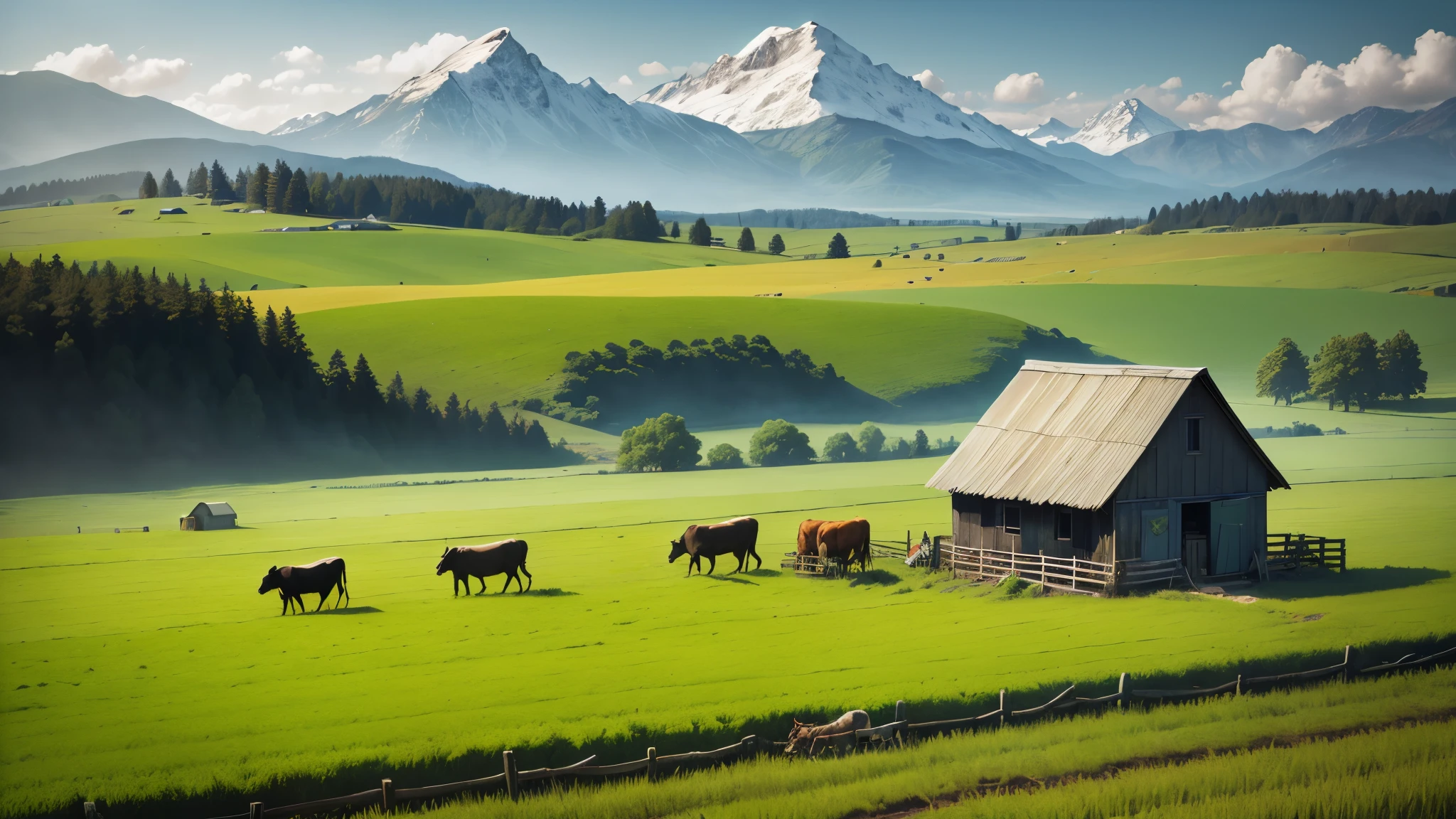 Wilderness，farmland，Hut，Cattle plow the fields，Harvesters，Farmers