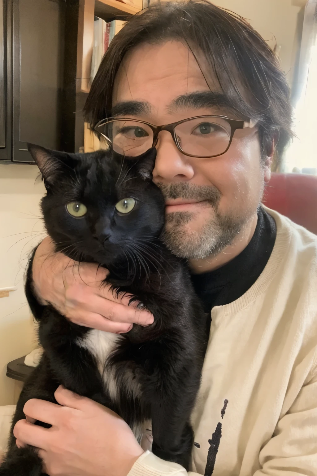 middle-aged man wearing glasses、Generates an image depicting a scene of a black cat being affectionately stroked。This man gives the impression of being intelligent and calm..、Creates a warm atmosphere。His clothes are simple、Warm colors and soft materials。He wears glasses.、Exudes intellectual appeal.。The cat sat on his lap、Imagine the following scenario:'Being around him.。His face expresses kindness and happiness..、I feel a deep bond with my cat..。The background is unified in warm colors..、Cozy、Describe it as a welcoming space。The generated image is、For pet lovers and fashion enthusiasts、Provide attractive images that convey love and warmth。