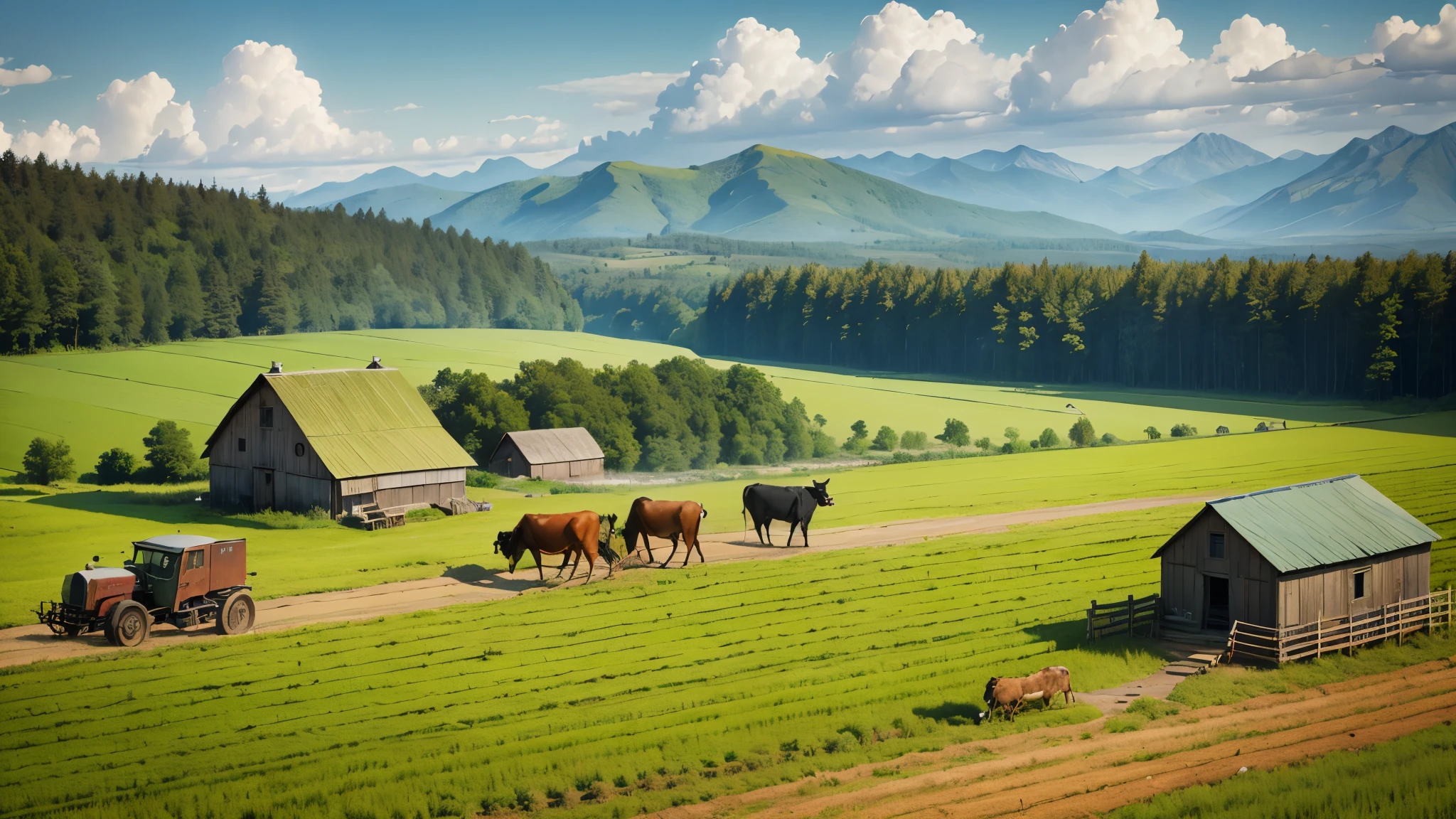 Wilderness,farmland,Hut,Cattle plow the fields,Harvesters,Farmers