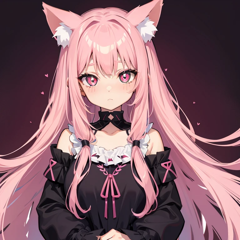 She wears long dark pink hair,Has dark pink fox ears,The face is relatively large,Black pupils,Wear a matching of pink and white clothes,It's a very cute