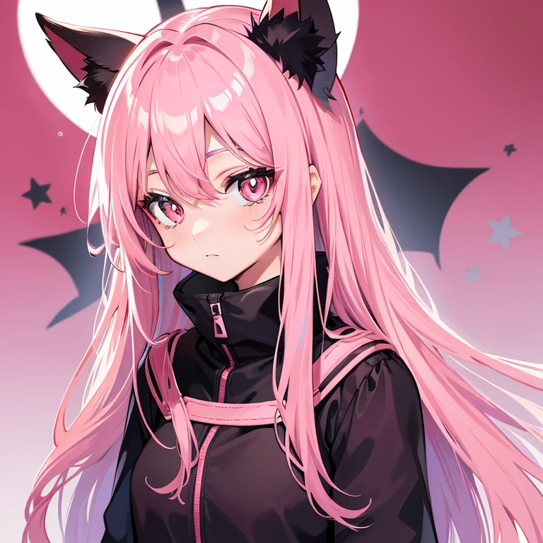 She wears long dark pink hair,Has dark pink fox ears,The face is relatively large,Black pupils,Wear a matching of pink and white clothes,It's a very cute