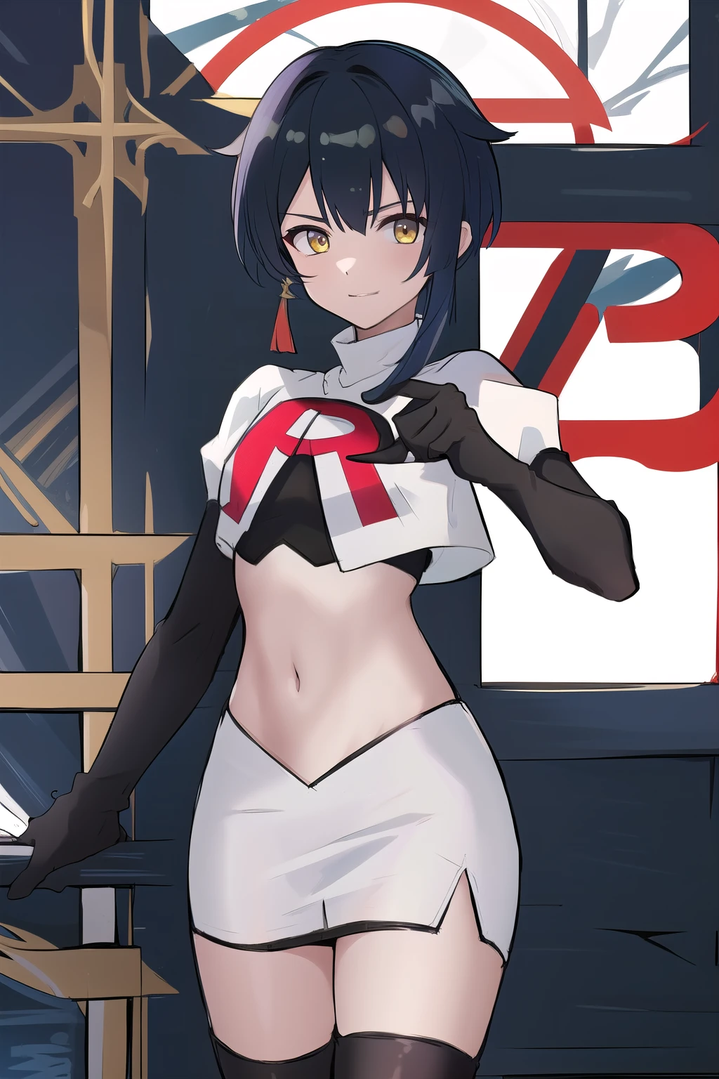 masterpiece, absurdres,genshin impact, Genshin Impact, game character, video game, (xingqiu),yellow eyes, short blue hair,male focus, trap, crossdressing,1boy,team rocket,team rocket uniform,white skirt,red letter R,crop top,black thigh-highs,black elbow gloves