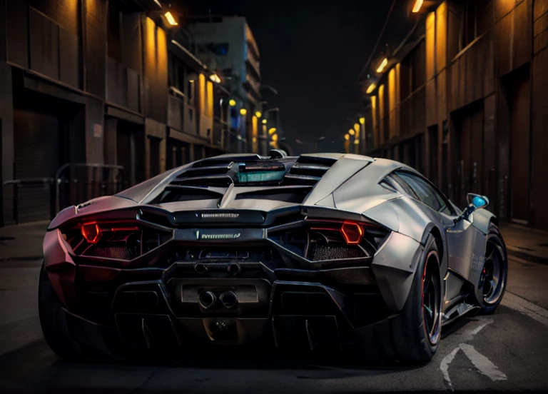 Lamborghini Exotic Cyberpunk, 4K, HDR, Rendering, masterpiece, Ray Tracing, cyberpunk scene, Black car, batmobile, Neon, drifting, carbon, futurist, neon, night, Back Wave