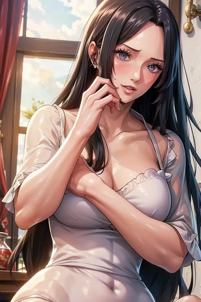 (((masterpiece))), (((best quality))), ((ultra-detailed)), (highly detailed CG illustration), Boa Hancock, (masterpiece:1.5), Detailed Photo, Sexy, (Best Quality: 1.4), (1girl), Beautiful Face, (Black Hair, long Hair: 1.3), Beautiful Hairstyle, beautiful detail eyes, (realistic skin), beautiful skin, absurd, attractive, ultra high resolution, high definition, (sexually aroused:1.5), Pinkish white skin, cool white light, sexy pose, Beautiful , white background, pink soft white light, Wear a white dress