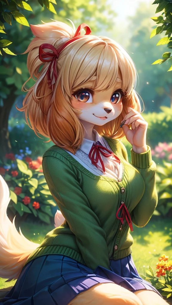 (furry), (female), (green cardigan), topknot, (white shirt), (blue skirt), (red ribbon), (checkered pattern), (fluffy fur), (soft tail), (kemono), (vivid colors), (ultra-detailed), (portrait), (studio lighting), (warm tones), (beautiful detailed eyes), (beautiful detailed lips), (long eyelashes), (expressive face), (playful expression), (natural light), (dynamic pose), (blurred background), (whimsical atmosphere), (lush garden), (sunlight filtering through trees), (bright flowers), (colorful birds), (gentle breeze), (playful shadows), (captivating composition), (masterpiece:1.2), (photorealistic:1.37), (ultra-fine painting), (bokeh), (dreamlike), (magical), full body.