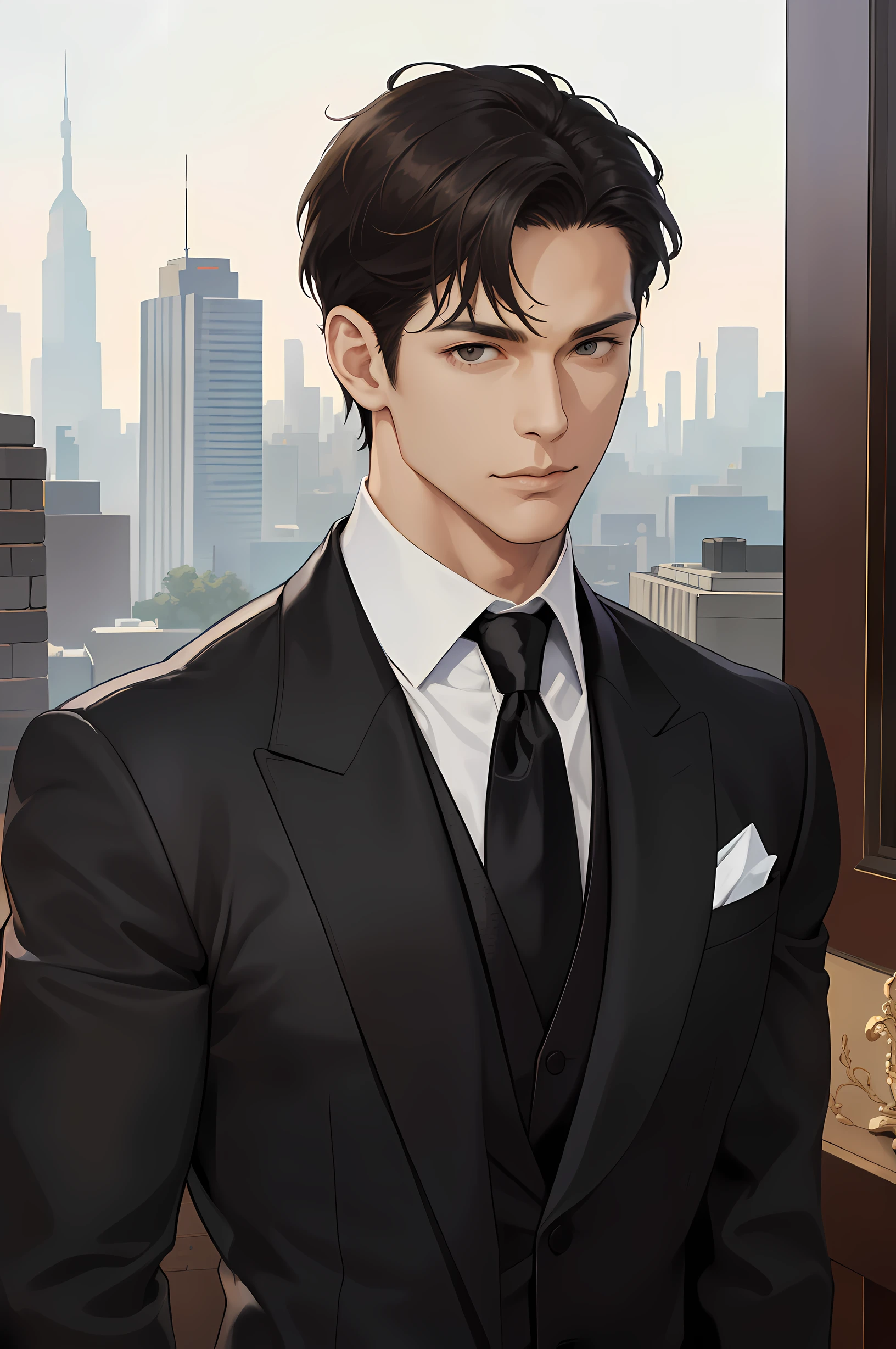 (Absurdities, High accuracy, Very detailed, real, ), 1 male, Single, , Mature, Tall, muscular man, Broad shoulders, Handsome, Very short hair, Black hair, Brown eyes, Angular jaw, Thick neck, أسلوب real, the ليلة view of the city background, Formal suit, Necktie, Upper body