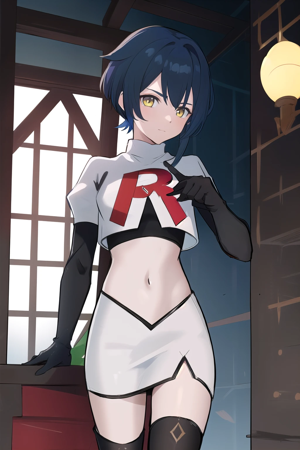 masterpiece, absurdres,genshin impact, Genshin Impact, game character, video game, (xingqiu),yellow eyes, short blue hair,male focus, trap, crossdressing,1boy,team rocket,team rocket uniform,white skirt,red letter R,crop top,black thigh-highs,black elbow gloves