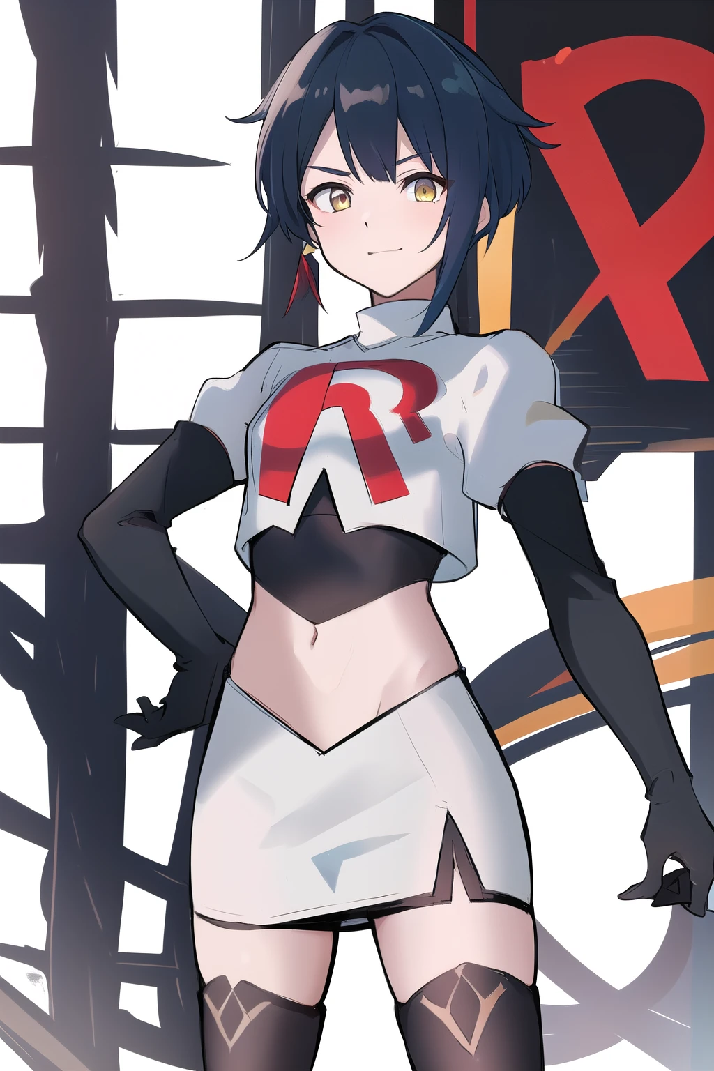 masterpiece, absurdres,genshin impact, Genshin Impact, game character, video game, (xingqiu),yellow eyes, short blue hair,male focus, trap, crossdressing,1boy,team rocket,team rocket uniform,white skirt,red letter R,crop top,black thigh-highs,black elbow gloves