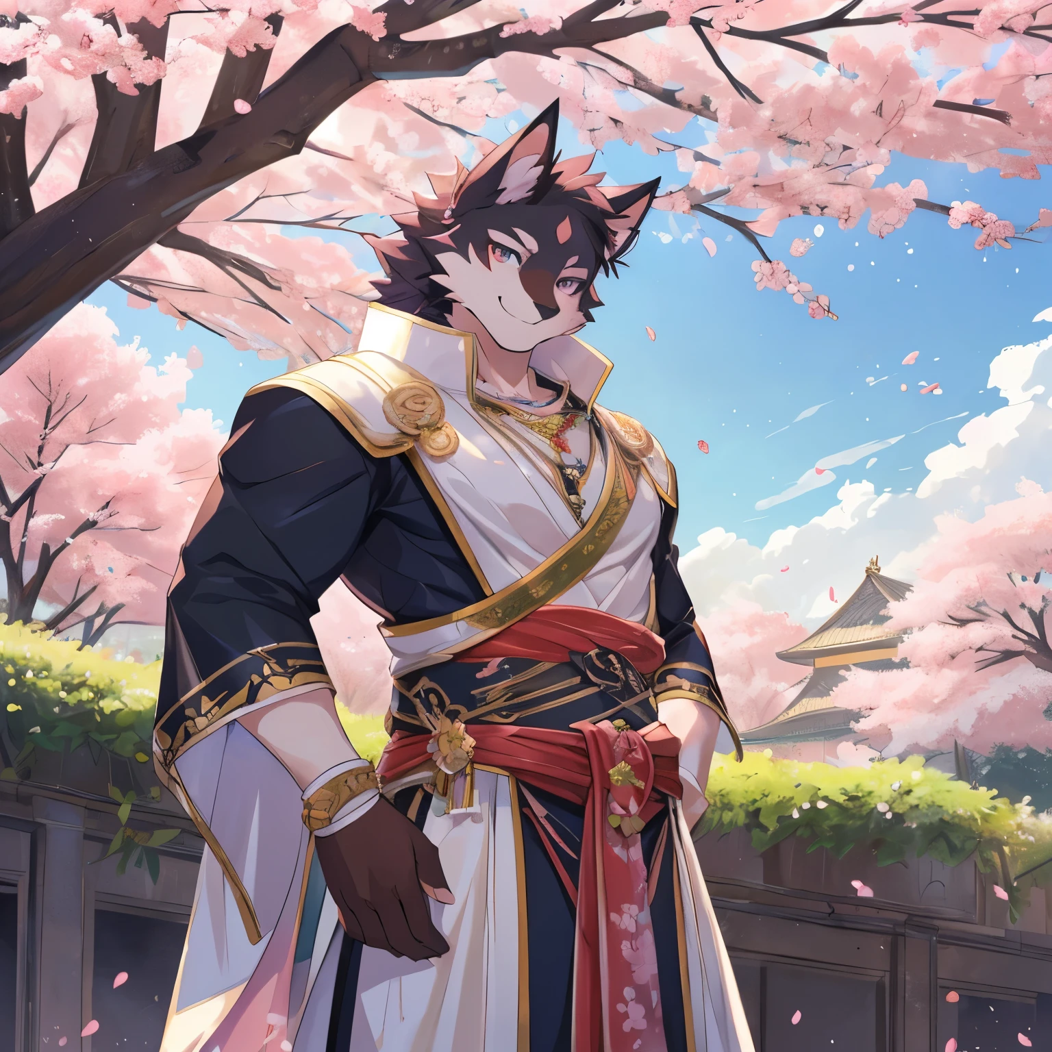 ((By SaibotArt, by YumeDraw, by KawaiiFurryArtist), anime style, dressed cat centaur man, full body, intricately detailed, expressive eyes, vibrant colors, muscular build, sharp features, furry texture, dramatic pose, highest quality, masterpiece, realistic proportions, swept back ears, anthropomorphic, smile, playful, detailed background, cherry blossom trees, serene atmosphere)