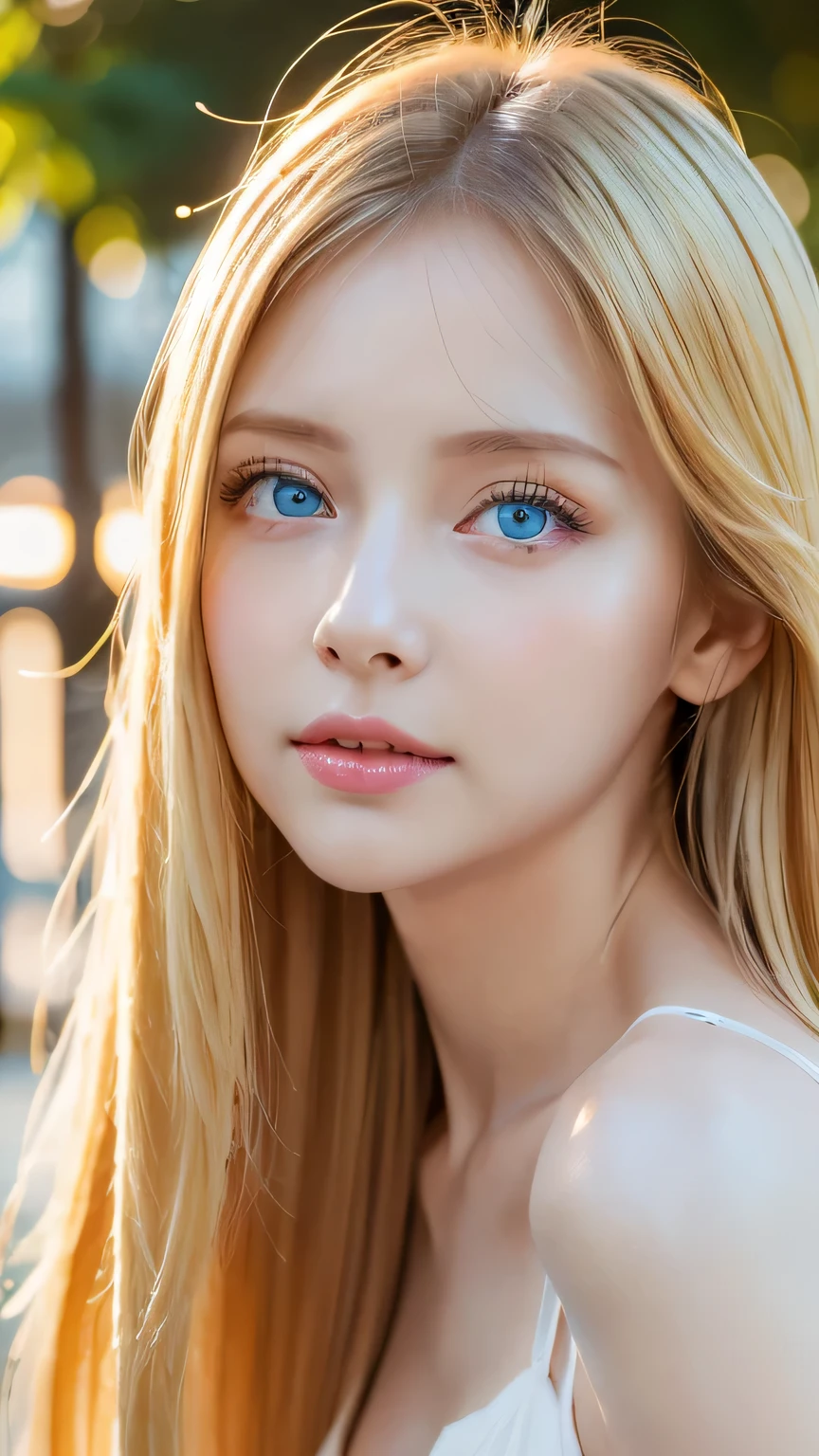 highest quality、Ultra-high resolution、(Photorealistic:1.4)、(ulzzang-6500:1.0)、Blonde super long straight silky hair、Very beautiful bright and shining pale sky blue big eyes、bangs over eyes、