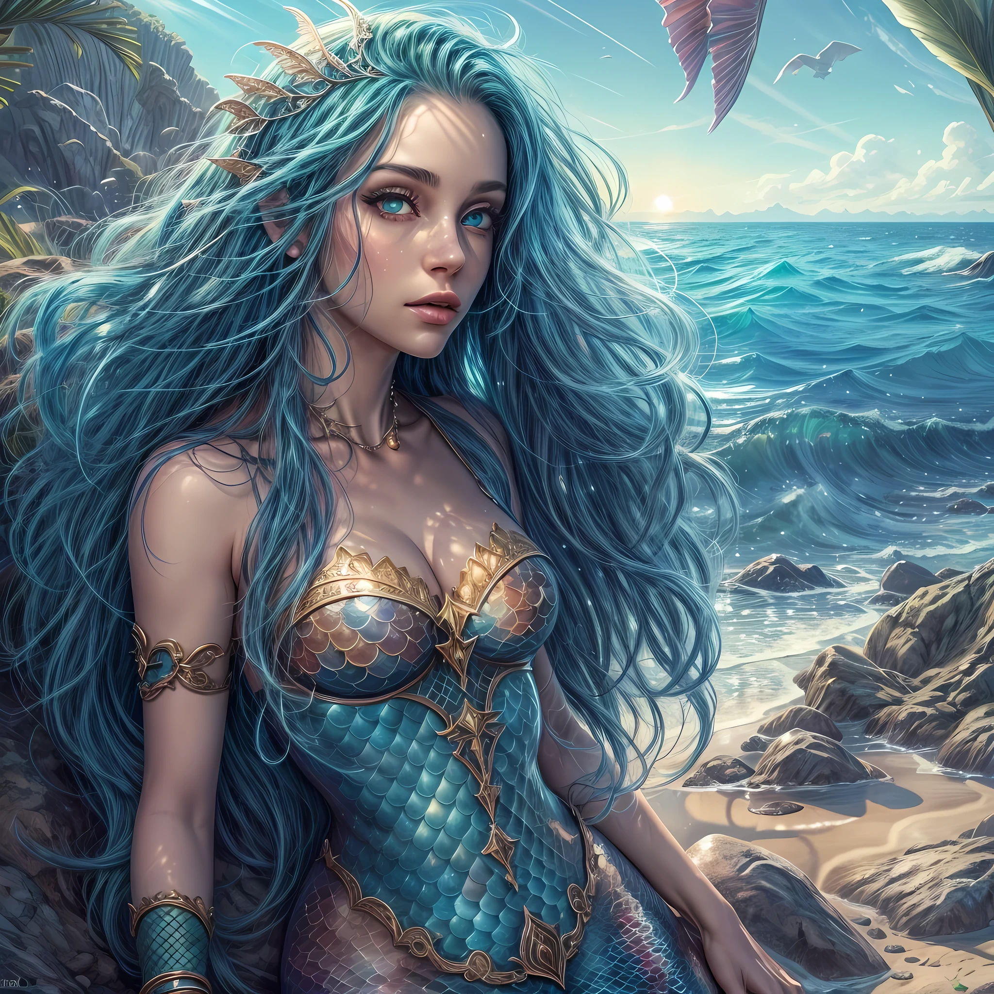 high details, best quality, 16k, [ultra detailed], masterpiece, best quality, (extremely detailed), full body, ultra wide shot, RAW, photorealistic, fantasy art, dnd art, rpg art, realistic art, an ultra wide picture of a mermaid resting on a rock on a blue coast(1.5 intricate details, Masterpiece, best quality) , female mermaid, blue skin, green hair, long hair, swirling hair, intense eyes, small pointed ears, ((blue eyes)), ((glowing eyes)), wearing sea shell clothing, beautiful mermaid, you can see the coast line behind her, the waves hitting the beach, palm trees, the sun is rising from behind her, dynamic fantasy blue beach background ((magical atmosphere)), high details, best quality, highres, ultra wide angle