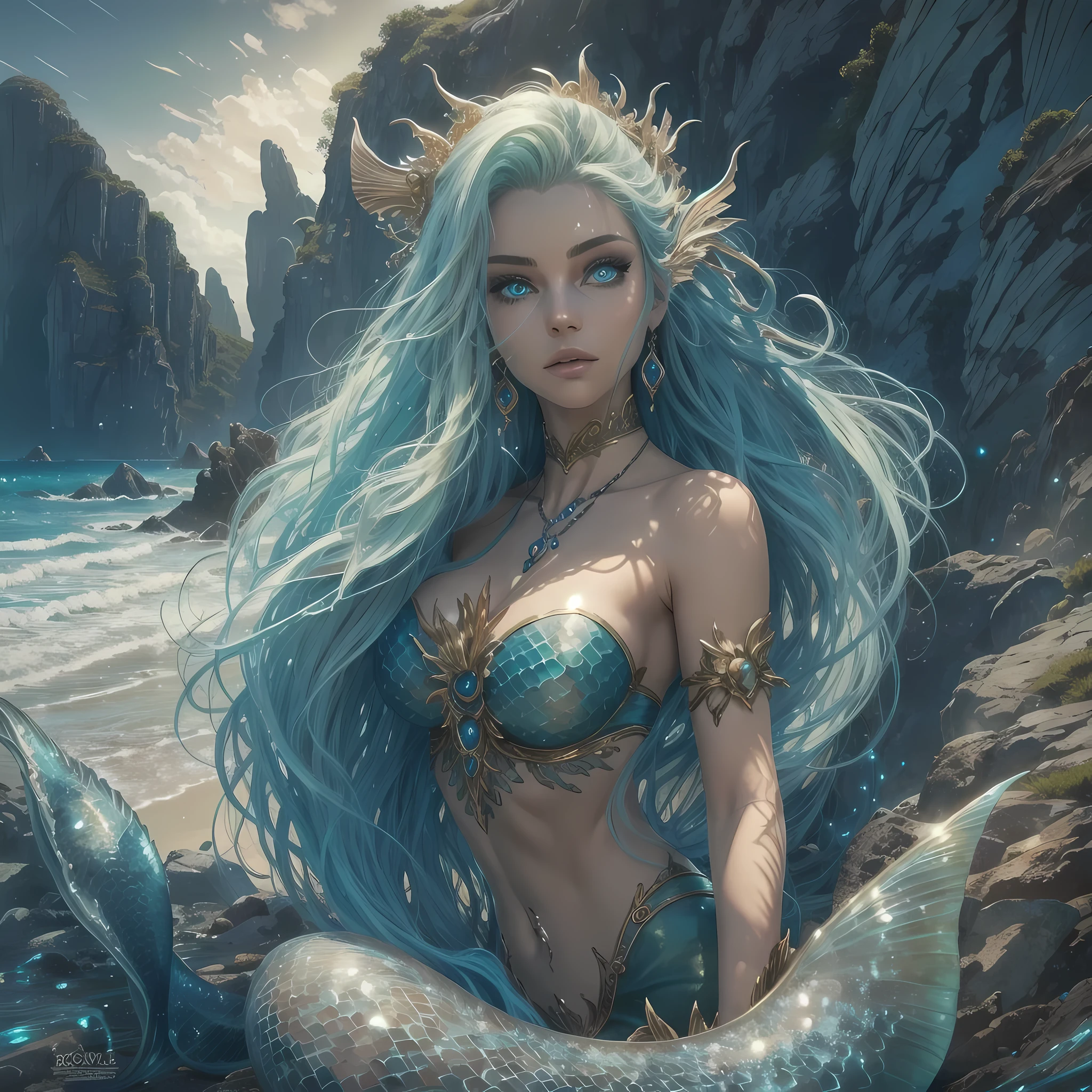 high details, best quality, 16k, [ultra detailed], masterpiece, best quality, (extremely detailed), full body, ultra wide shot, RAW, photorealistic, fantasy art, dnd art, rpg art, realistic art, an ultra wide picture of a mermaid resting on a rock on a blue coast(1.5 intricate details, Masterpiece, best quality) , female mermaid, blue skin, green hair, long hair, swirling hair, intense eyes, small pointed ears, ((blue eyes)), ((glowing eyes)), wearing sea shell clothing, beautiful mermaid, you can see the coast line behind her, the waves hitting the beach, palm trees, the sun is rising from behind her, dynamic fantasy blue beach background ((magical atmosphere)), high details, best quality, highres, ultra wide angle