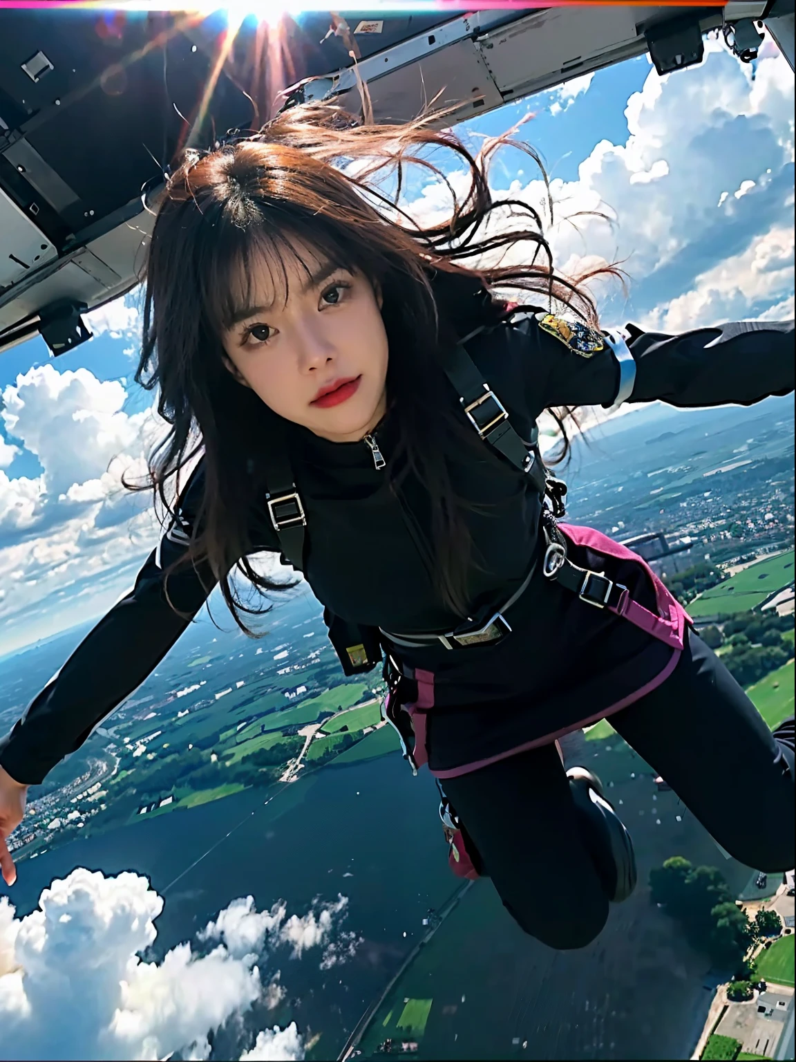 Jump skydiving on plane scene, black pink Lisa parachuting with long hair (brown hair) flying in a mess, black police uniform, harness, flowing red cloth miniskirt, in a panoramic view, anatomically correct, above knee portrait photo, very realistic, material reflective and dispersive. Dispersion of light and sunlight, and clouds high detail, high quality