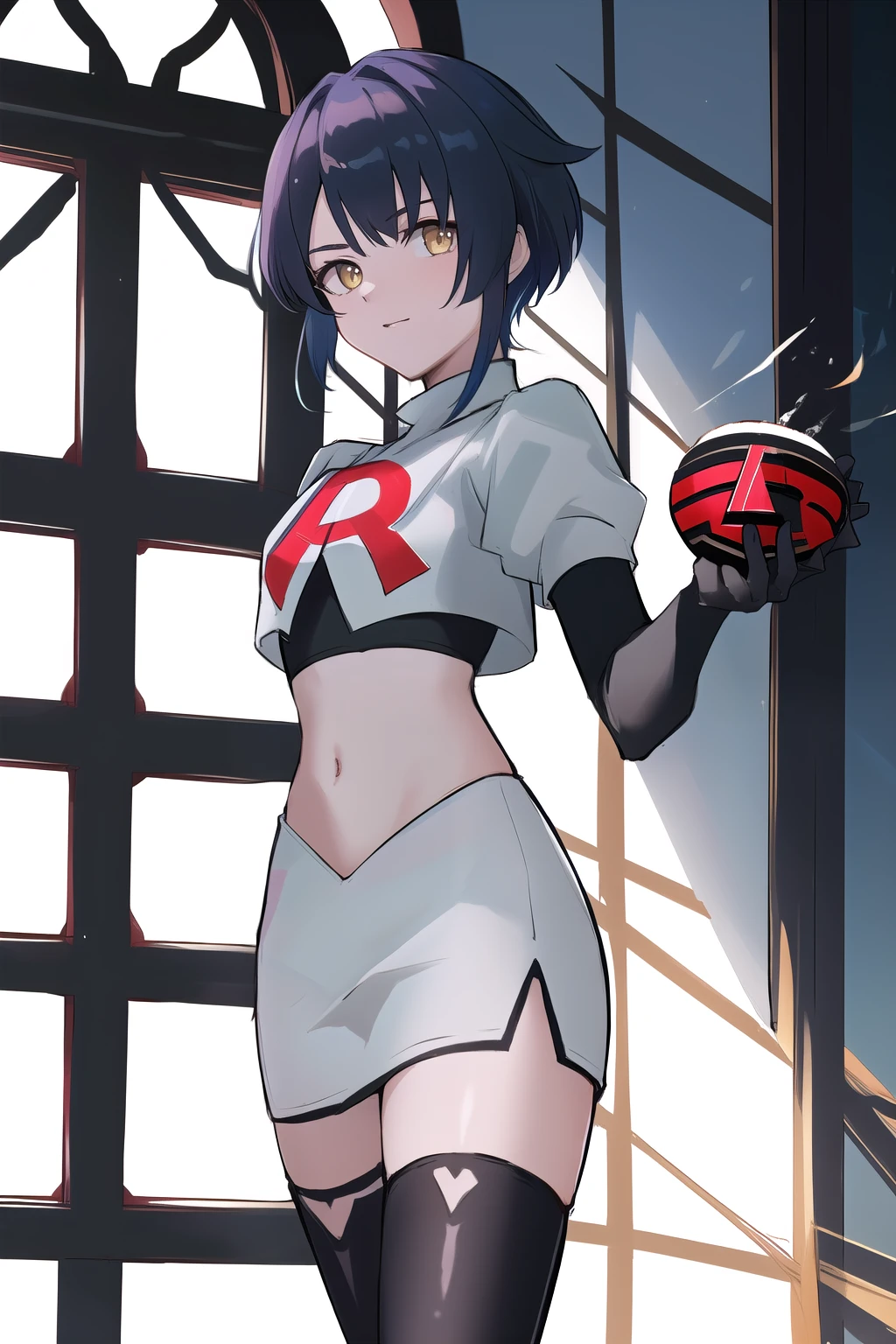 masterpiece, absurdres,genshin impact, Genshin Impact, game character, video game, (xingqiu),yellow eyes, short blue hair,male focus, trap, crossdressing,1boy,team rocket,team rocket uniform,white skirt,red letter R,crop top,black thigh-highs,black elbow gloves