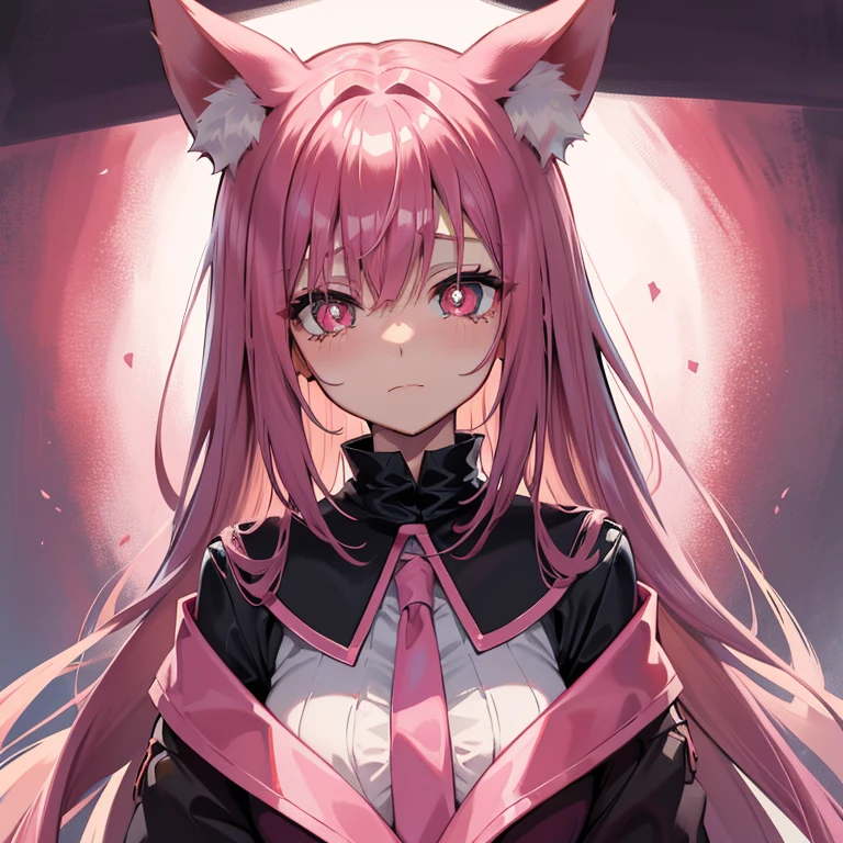 She wears long dark pink hair,Has dark pink fox ears,The face is relatively large,Black pupils,Wear a matching of pink and white clothes,It's a very cute, cry