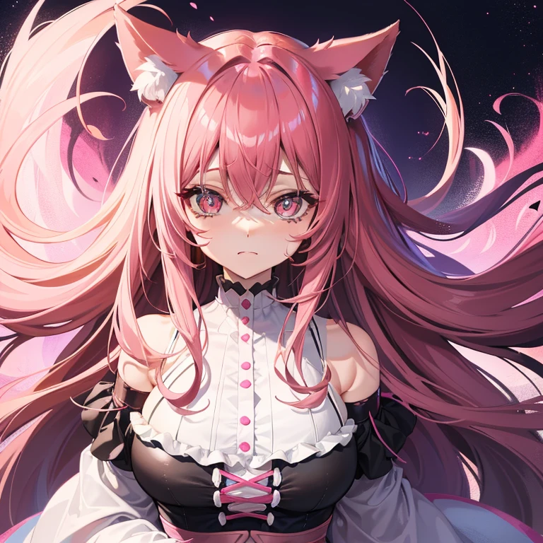 She wears long dark pink hair，Has dark pink fox ears，The face is relatively large，Black pupils，Wear a matching of pink and white clothes，It's a very cute, cry