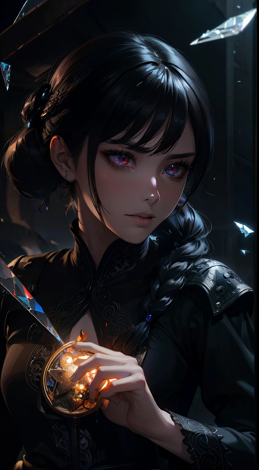 (Masterpiece, Best quality, Ultra-detailed, Best shadow), (Detailed background,Dark fantasy), (Beautiful detailed face), High contrast, (Best illumination, An extremely delicate and beautiful), ((Cinematic light)), Colorful, Hyper-detailing, Dramaticlight, Intricate details, (1 girl, Solo,Black hair, sharpy face,Low Twin Tails,Red eyes, hair between eye,Dynamic Angle), blood spatter, swirling black light around character, Depth of field,Black light particles,(Broken glass),Magical Circle,