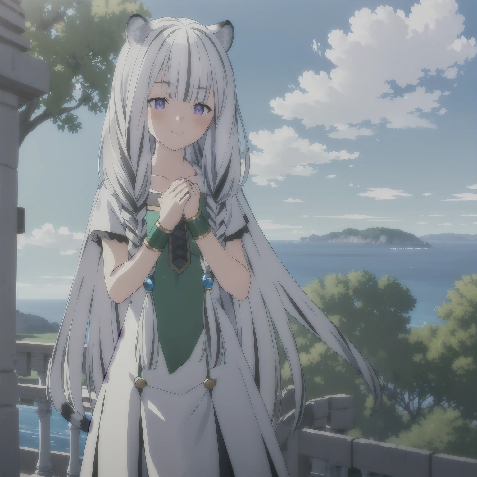 ((masterpiece)), (best quality), (ultra-detailed), photorealistic, (best illustration), ((an extremely delicate and beautiful)), 1girl, solo, long hair, tiger ears, [:tiger tail under:0.2], white hair, two-tone hair, feet out of frame, white dress, (green dress:1), multicolored dress, cross-laced, standing, purple eyes, smile, black skirt, short sleeves, detailed scenery, blue sky, horizon, low twin braids, twin braids, hair ornament, bracelet, (hand on own chest:0.9), blushing, glowing eyes, cute.