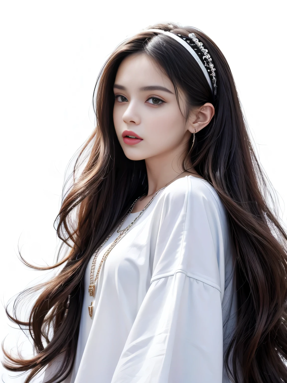 (8K, highest quality, High resolution, masterpiece :1.3), (White Background), stylish, High sense, fashion, The contour is the length of the surface, Eyes are long and narrow, Wavy long hair, hair band, Oversized clothing, Baggy clothes, necklace, Earrings, Upper Body, graphic design, Strike a Pose,