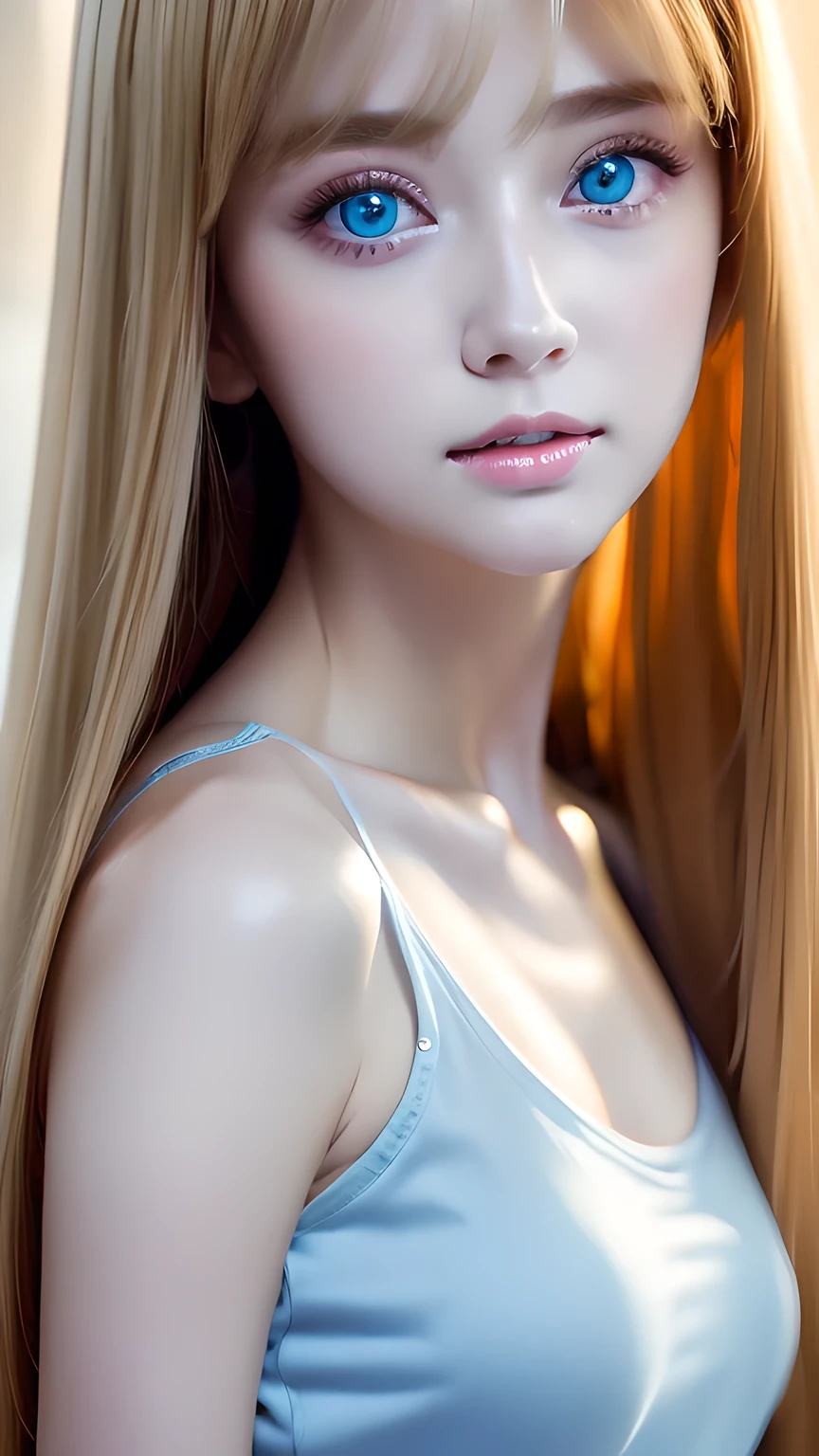 highest quality、Ultra-high resolution、(Photorealistic:1.4)、(ulzzang-6500:1.0)、Blonde super long straight silky hair、Very beautiful bright and shining pale sky blue big eyes、bangs over eyes、
