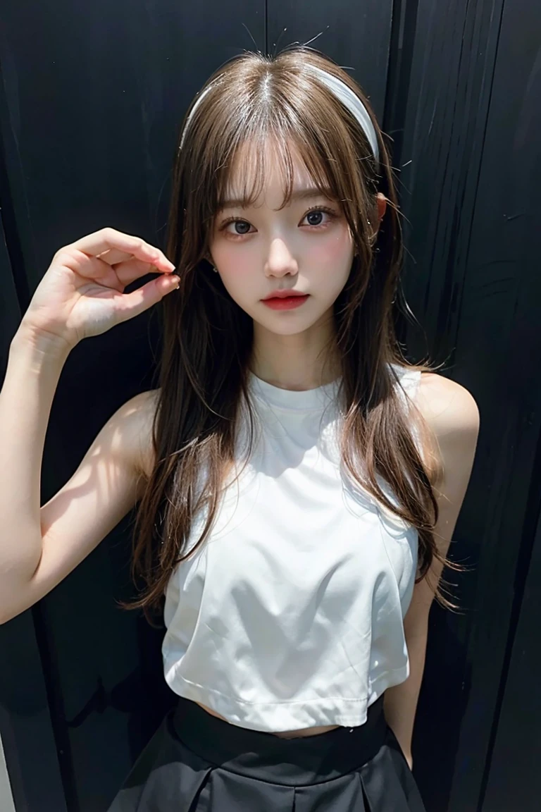(masterpiece, highest quality:1.2), 1 girl, alone,Are standing_Split, 
Yuuki eats, long hair，Black sleeveless tank top，white skirt，