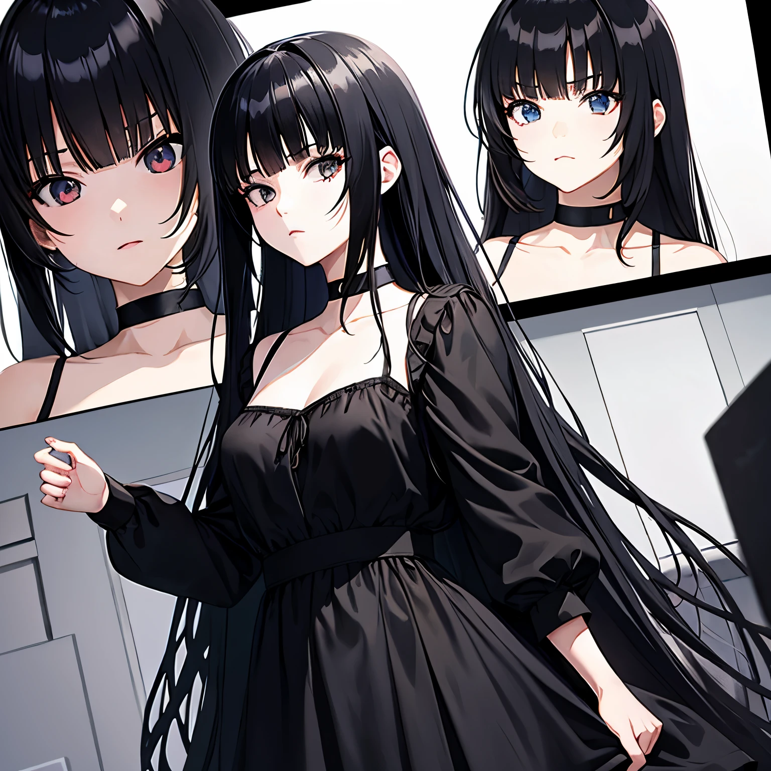 Anime girl, curtain bangs with black hair and black eye normal expressions, wearing a black dress. Kinda badass 