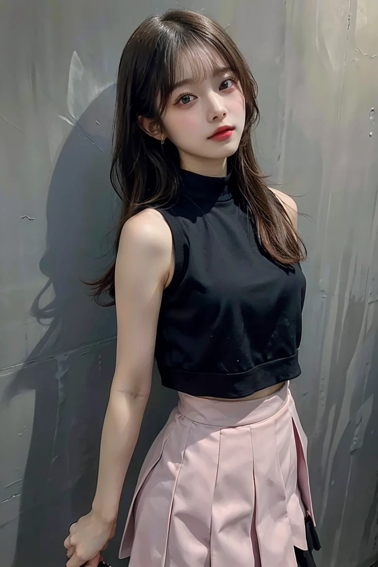 (masterpiece, highest quality:1.2), 1 girl, alone,Are standing_Split,
, long hair,black sleeveless short vest,pink skirt,black