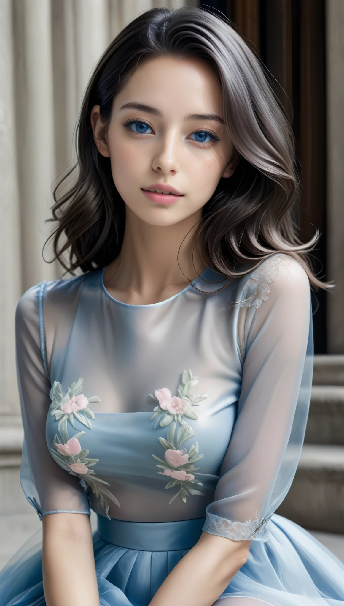 masterpiece, Best Quality, Realistic, Futuristic sexy fashion, (See-through Erotic Gravure:1.4), BREAK (1girl, sitting, dynamic posing:1.5), (from front:1.4), BREAK (firm medium breasts, ultra slim waist, Rounded and large buttocks, beautiful sexy legs:1.3), exuding a sculptural beauty, White and beautiful Silky skin, Detailed face, Pretty slim face, perfect beautiful Tooth, arranged gray hair, (meat stuck to the clothing, cameltoe, See-through), BREAK Layer with a sheer white organza blouse featuring elegant floral embroidery.
Opt for a black lace skirt to accentuate feminine charm.
BREAK
Accessorize with silver chain bracelets and hoop earrings for subtle elegance.
Complete the look with black patent leather flat shoes featuring transparent PVC panels, adding sophistication to your footwear.
BREAK
Style your hair in soft, graceful waves for a light and airy impression.
Keep the makeup natural, highlighting your feminine allure with a pink lip color.
BREAK
Confidently embody the cheerful atmosphere of spring with a poised stance, showcasing feminine street-chic fashion, BREAK small head, Droopy and shiny blue eyes, half open eyes, looking viewer, BREAK in a concrete background, Realistic black Shadow