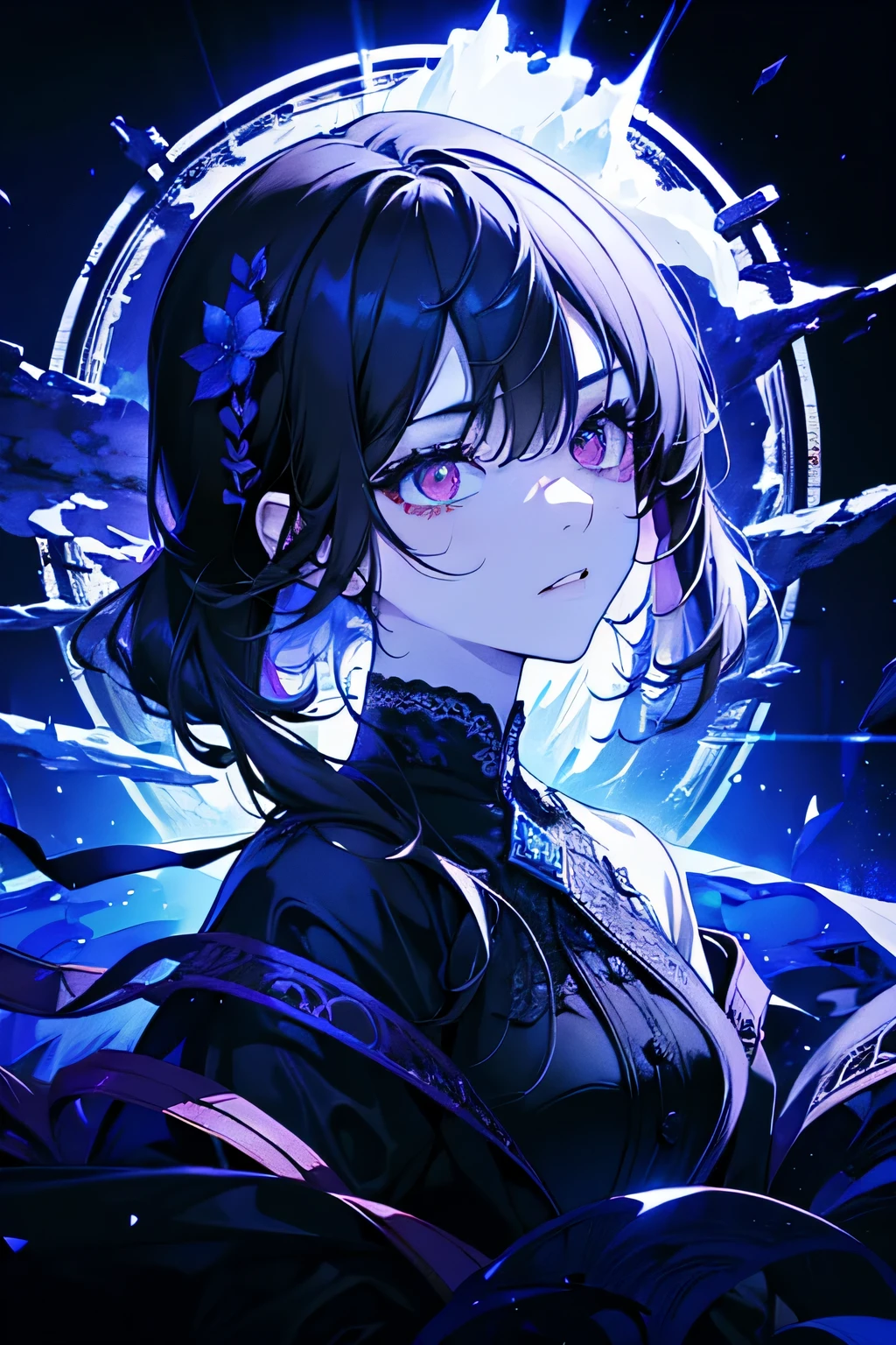 (Masterpiece, Best quality, Ultra-detailed, Best shadow), (Detailed background,Dark fantasy), (Beautiful detailed face), High contrast, (Best illumination, An extremely delicate and beautiful), ((Cinematic light)), Colorful, Hyper-detailing, Dramaticlight, Intricate details, (1 girl, Solo,Black hair, sharpy face,Low Twin Tails,Red eyes, hair between eye,Dynamic Angle), blood spatter, swirling black light around character, Depth of field,Black light particles,(Broken glass),Magical Circle,