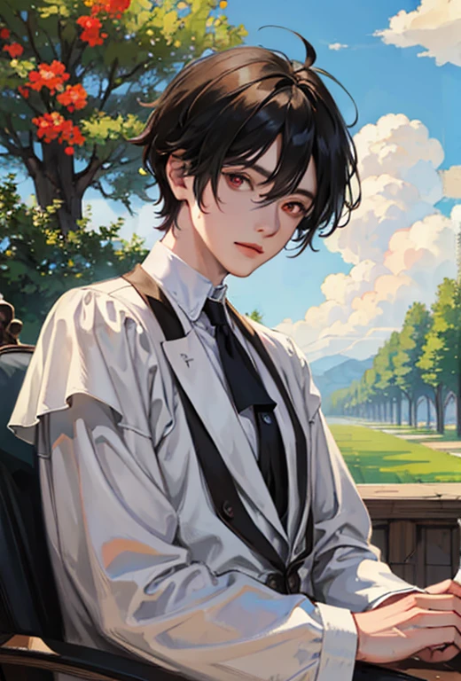 1boy, Black hair, ahoge , red eyes, ,french victorian clothes, nobleman, male focus,looking at viewer, trees,blue skies,cloud,sun in the skies,summer,(((masterpiece))),(((best quality))