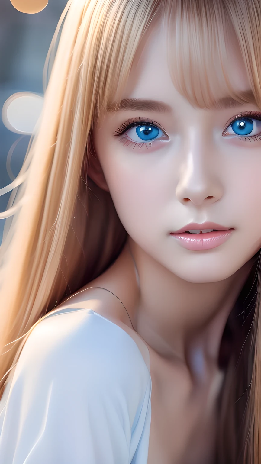 highest quality、Ultra-high resolution、(Photorealistic:1.4)、(ulzzang-6500:1.0)、Blonde super long straight silky hair、Very beautiful bright and shining pale sky blue big eyes、bangs over eyes、
