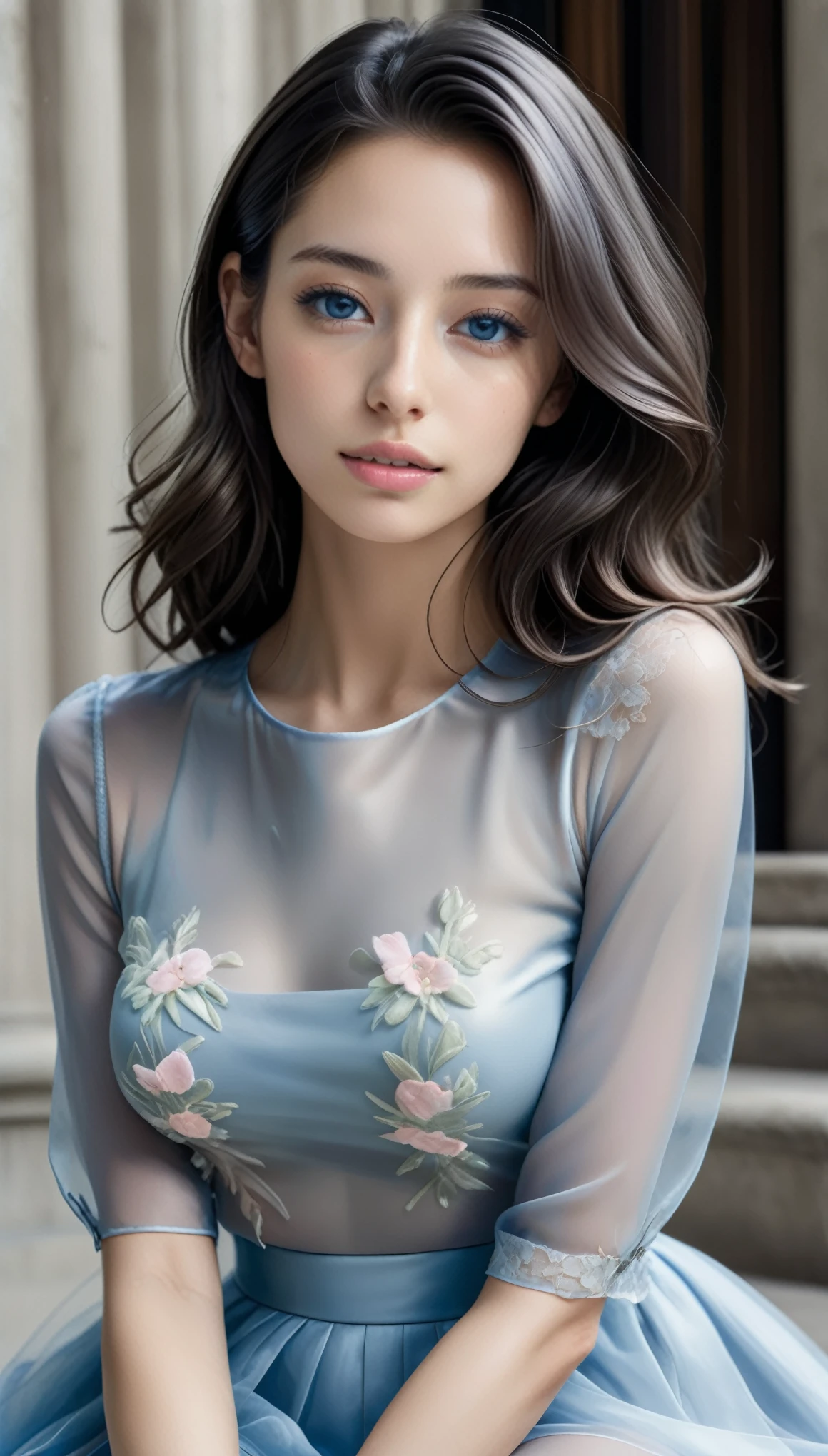 masterpiece, Best Quality, Realistic, Futuristic sexy fashion, (See-through Erotic Gravure:1.4), BREAK (1girl, sitting, dynamic posing:1.5), (from front:1.4), BREAK (firm medium breasts, ultra slim waist, Rounded and large buttocks, beautiful sexy legs:1.3), exuding a sculptural beauty, White and beautiful Silky skin, Detailed face, Pretty slim face, perfect beautiful Tooth, arranged gray hair, (meat stuck to the clothing, cameltoe, See-through), BREAK Layer with a sheer white organza blouse featuring elegant floral embroidery.
Opt for a black lace skirt to accentuate feminine charm.
BREAK
Accessorize with silver chain bracelets and hoop earrings for subtle elegance.
Complete the look with black patent leather flat shoes featuring transparent PVC panels, adding sophistication to your footwear.
BREAK
Style your hair in soft, graceful waves for a light and airy impression.
Keep the makeup natural, highlighting your feminine allure with a pink lip color.
BREAK
Confidently embody the cheerful atmosphere of spring with a poised stance, showcasing feminine street-chic fashion, BREAK small head, Droopy and shiny blue eyes, half open eyes, looking viewer, BREAK in a concrete background, Realistic black Shadow