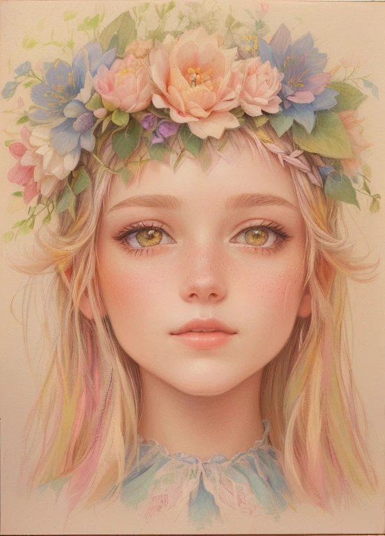 Painting of a woman with a flower crown on her head, portrait of a fairy, girl with flower head, portrait of a fairy, inspired by Greta Jürgens, Persephone in spring, portrait of a Scandinavian girl, fairy teen girl, color pencil sketch, color pencil sketch, by Alice Prin, portrait of a fairy woman, girl with lotus flower crown, pastel