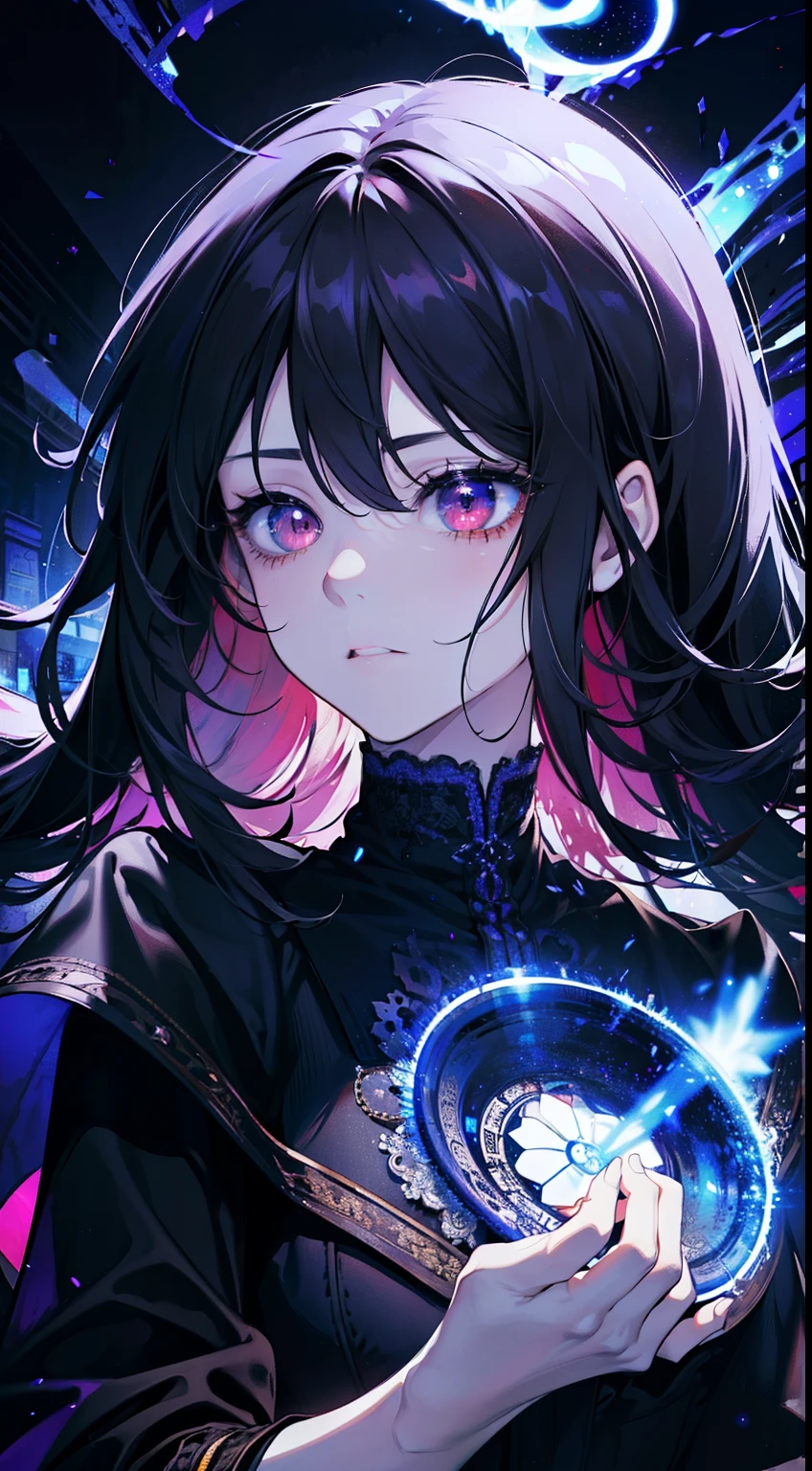 (Masterpiece, Best quality, Ultra-detailed, Best shadow), (Detailed background,Dark fantasy), (Beautiful detailed face), High contrast, (Best illumination, An extremely delicate and beautiful), ((Cinematic light)), Colorful, Hyper-detailing, Dramaticlight, Intricate details, (1 girl, Solo,Black hair, sharpy face,Low Twin Tails,Red eyes, hair between eye,Dynamic Angle), blood spatter, swirling black light around character, Depth of field,Black light particles,(Broken glass),Magical Circle,