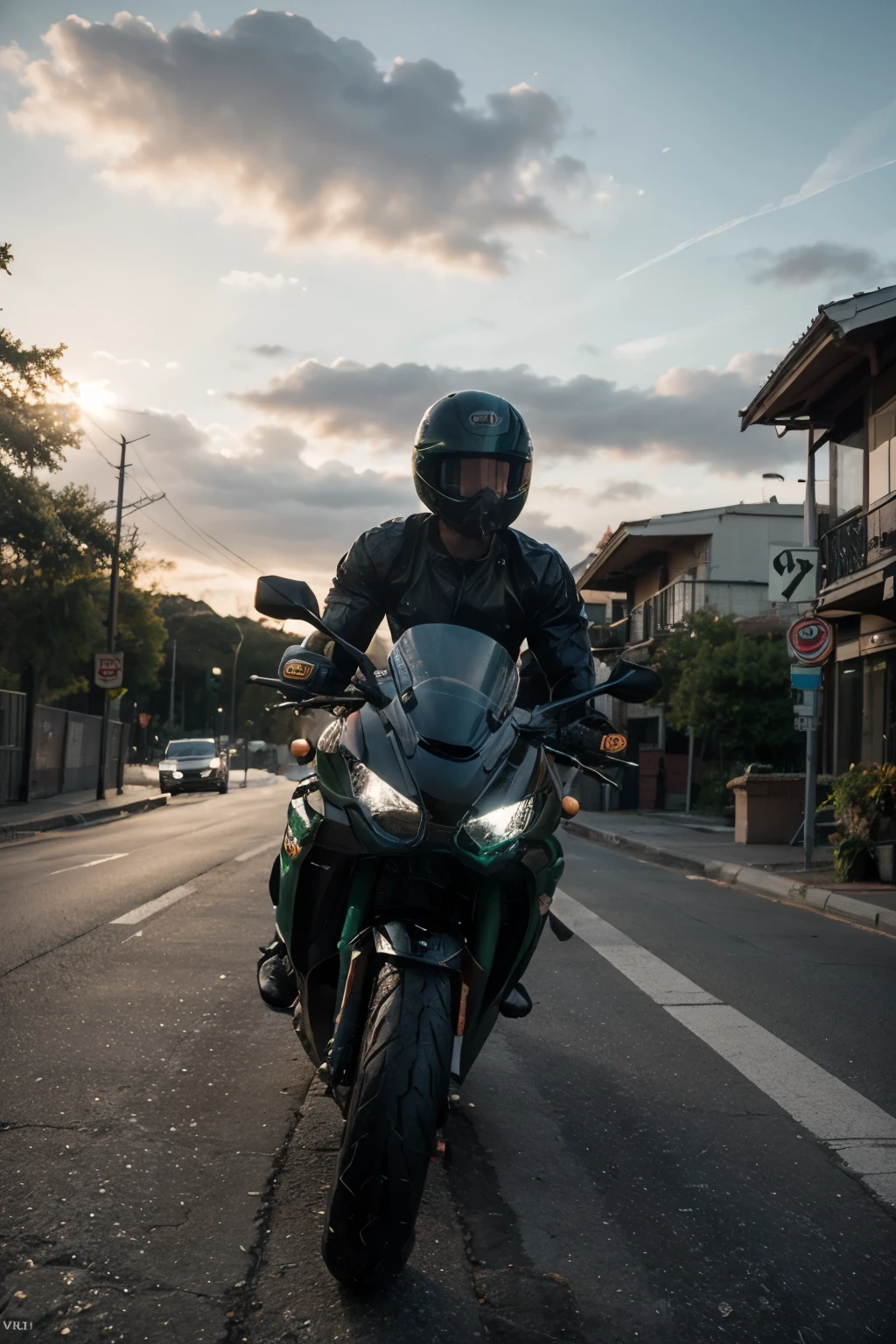 Moto kawasaki ninja zx10, vista lateral, estilo Hasselblad 1600f, sombreamento contornado, SINGLE OBJECT, fundo estrada, dramatic lighting, paleta escura