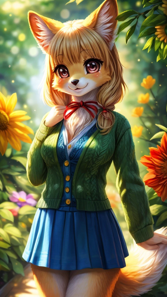 (furry), (female), (green cardigan), topknot, (white shirt), (blue skirt), (red ribbon), (checkered pattern), (fluffy fur), (soft tail), (kemono), (vivid colors), (ultra-detailed), (portrait), (studio lighting), (warm tones), (beautiful detailed eyes), (beautiful detailed lips), (long eyelashes), (expressive face), (playful expression), (natural light), (dynamic pose), (blurred background), (whimsical atmosphere), (lush garden), (sunlight filtering through trees), (bright flowers), (colorful birds), (gentle breeze), (playful shadows), (captivating composition), (masterpiece:1.2), (photorealistic:1.37), (ultra-fine painting), (bokeh), (dreamlike), (magical), full body.