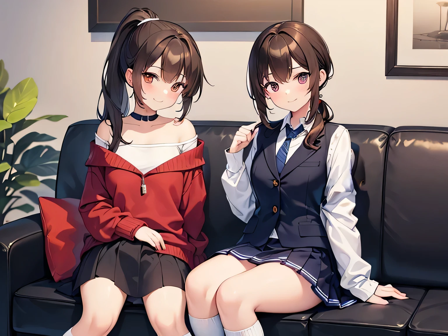 (Masterpiece, top quality, high resolution, realistic photo, realistic looking skin:1.1),
(Two women are sitting on a sofa in an apartment living room:1.8),
(The women have provocative, grinning, smiling expressions:1.5),
(Their skirts are so short you can almost see their panties:1.5),
(The first woman is 23 years old, mature looking, dressed in a white long-sleeved v-neck knit and navy blue mini skirt, wearing white high socks, with medium brown hair:1.8),
(The second female is an 18-year-old high school student wearing a high blazer and mini-skirt attire with navy blue high socks and black hair in a medium ponytail:1.8),
(Located on a sofa in the living room of an apartment:1.5),
Full-bodied esbian, beautiful eyes, glowing eyes, glowing thighs, NSFW.