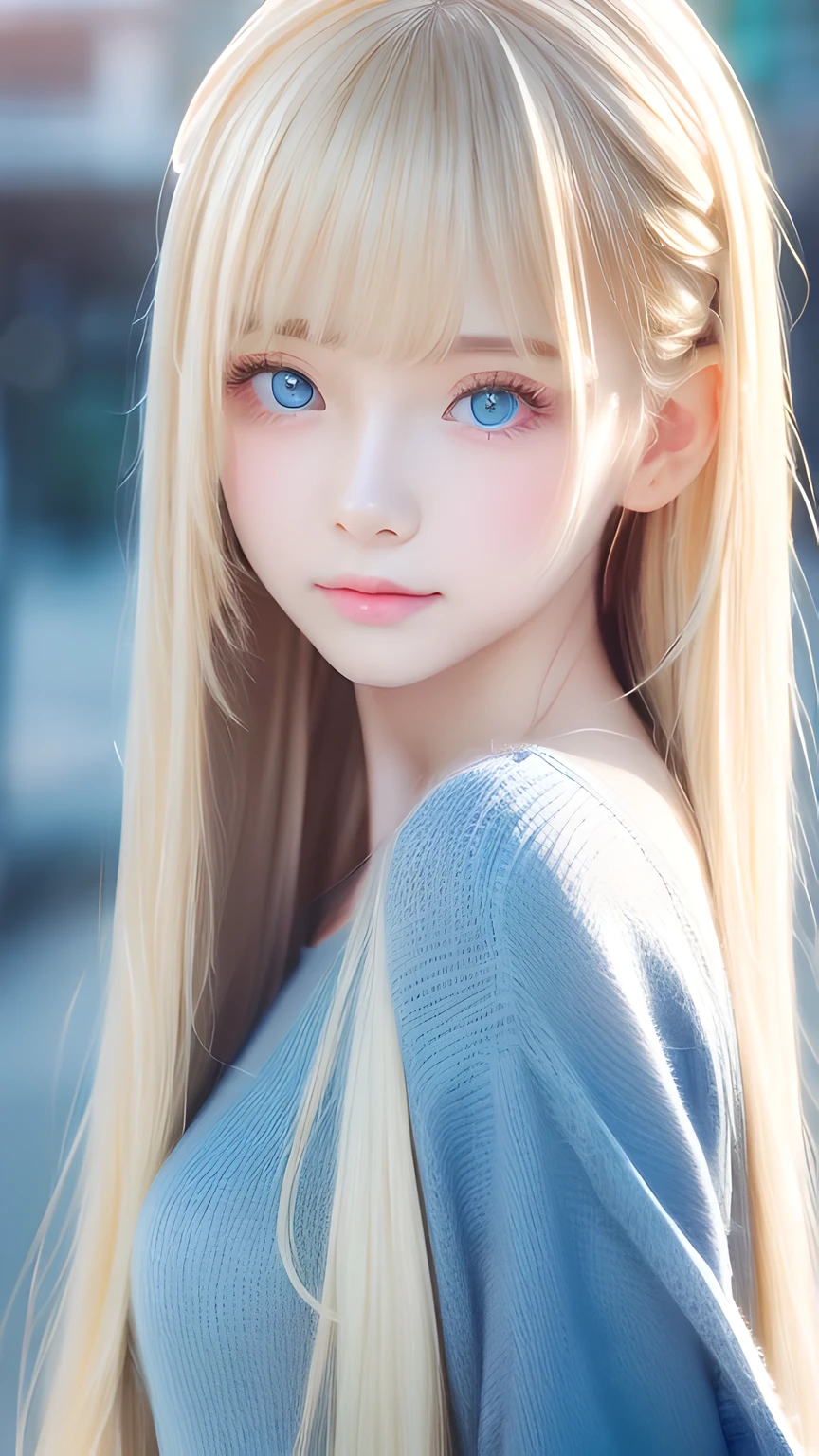 highest quality、Ultra-high resolution、(Photorealistic:1.4)、(ulzzang-6500:1.0)、Blonde super long straight silky hair、Very beautiful bright and shining pale sky blue big eyes、bangs over eyes、