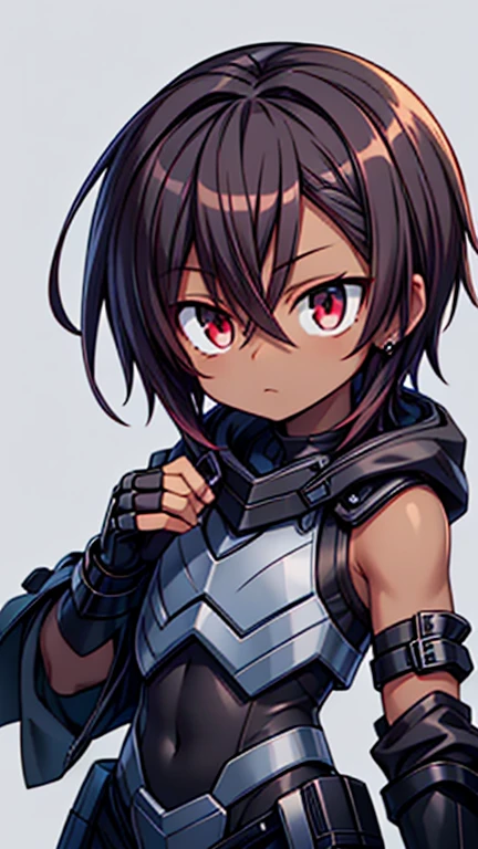 Masterpiece High res, high definition, (((dark skin tone))),dark skin male, dark skin, cute shota,red eyes, dark brown hair, medium dark brown hair,wearing a black exoskeleton, detached sleeves, black armoured Gauntlets, black tech jacket, black bodysuit,black exoskeleton, black fingerless gloves, blue gems, 
