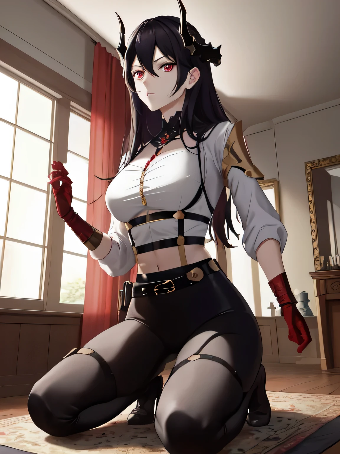 (Masterpiece, best quality), (highres, ultra-detailed), (absurdres, perfect anatomy), indoors, castle, 1girl, solo, Caera, CCla, cowboy shot, red eyes, seiza, looking at viewer, single pauldron, underbust, collar, halterneck, white shirt, collared shirt, long sleeves, puffy sleeves,  harness, gloves, belt, black pants, strap, toned