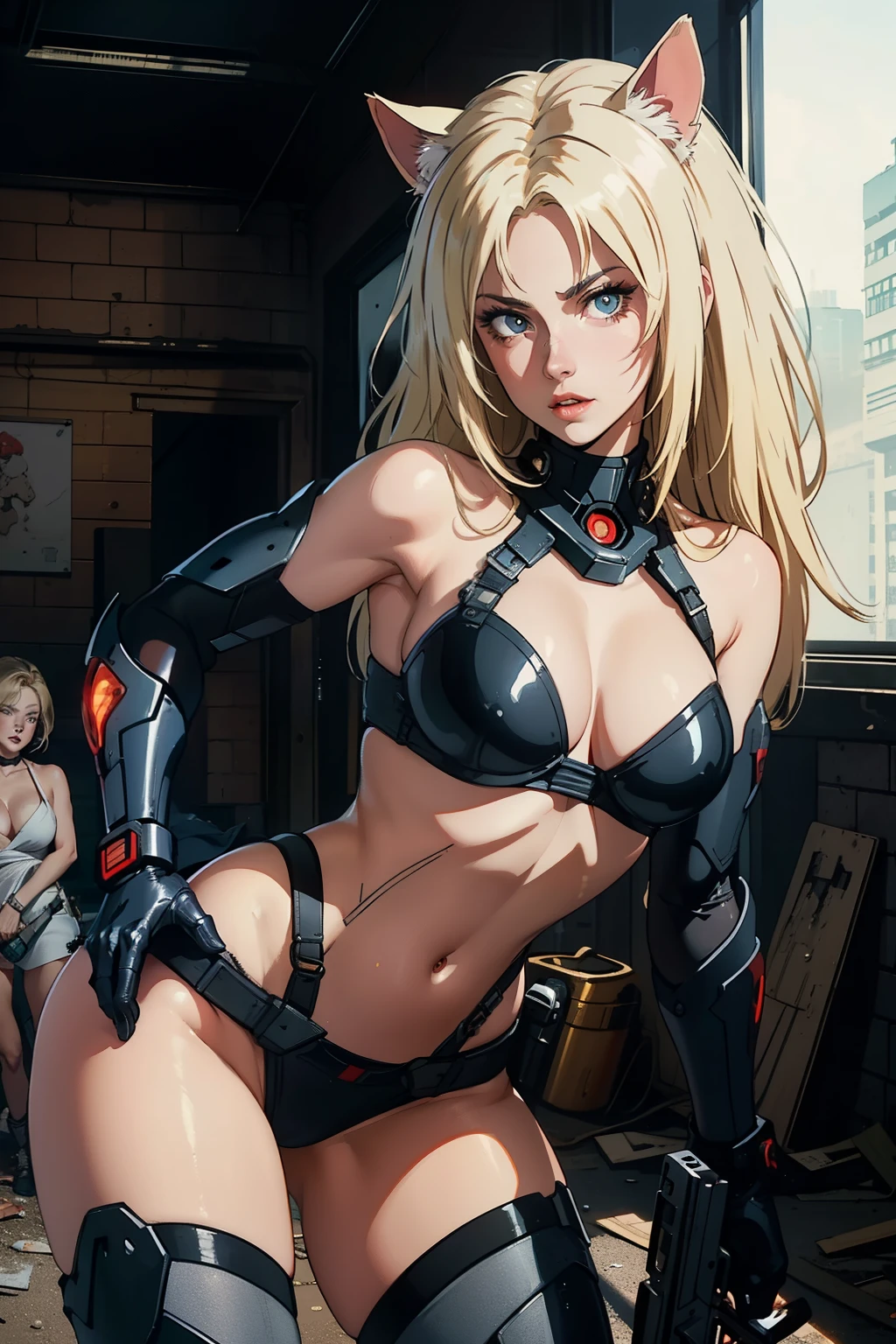 ((highest quality)), ((masterpiece)), (be familiar with), (High definition), 8K, Perfect Face、2Women、Two blonde women with cat ears、((Action Scenes, Gunfight))、(Shooting a gun, Holding a gun), (In an abandoned house)、tall、2 Blonde cat ears、2. Long Hair、2. Volumetric hair style、Large Breasts、Narrow waist、Big Ass、glamorous、Alluring、Bikini Protector、Armor、combat suit、Combat Boots、Cinematic、Best Shadow、Side lighting、NEO TOKYO、explosion、Cyborg Soldier、(Bust Shot)、((Close-up of face))、Scout Drone
