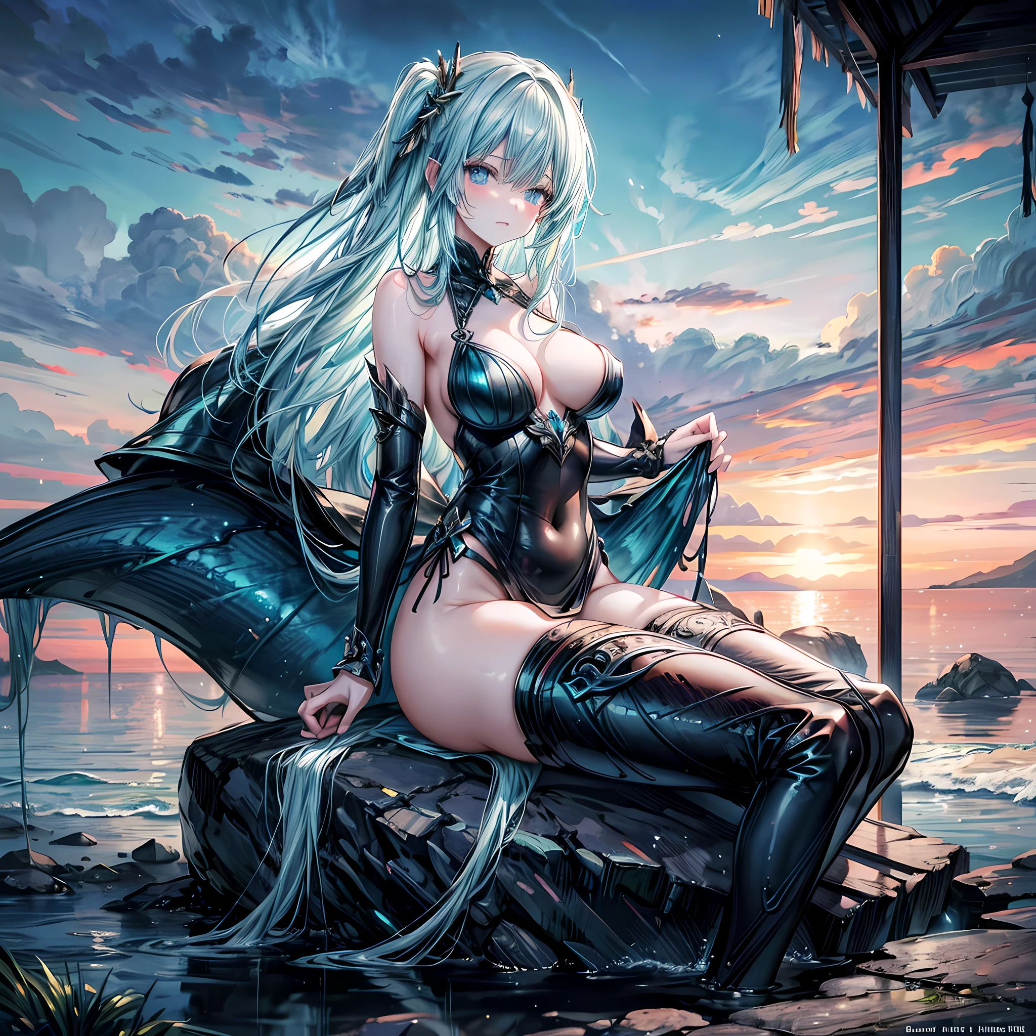 high details, best quality, 16k, [ultra detailed], masterpiece, best quality, (extremely detailed), full body, ultra wide shot, RAW, photorealistic, fantasy art, dnd art, rpg art, realistic art, an ultra wide picture of a mermaid resting on a rock on a blue coast(1.5 intricate details, Masterpiece, best quality) , female mermaid, blue skin, green hair, long hair, swirling hair, intense eyes, small pointed ears, ((blue eyes)), ((glowing eyes)), wearing sea shell clothing, beautiful mermaid, you can see the coast line behind her, the waves hitting the beach, palm trees, the sun is rising from behind her, dynamic fantasy blue beach background ((magical atmosphere)), high details, best quality, highres, ultra wide angle