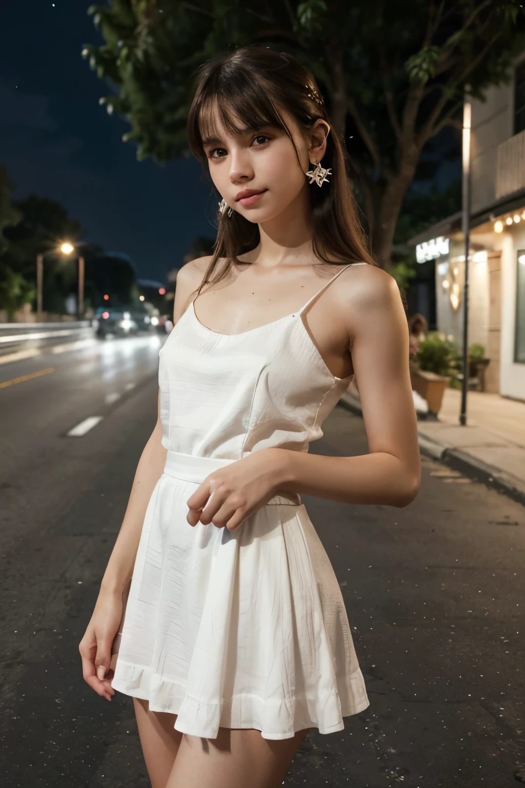 A cute girl, perfect face, beautifull 14 years old girl,14 years old girl, skinny body, slim body, white skin, masterpiece, textured skin, super detail, high details, high quality, 8k, nice pose, road night background, dark shadow, less light, nature light, side lighting to face, dress, cute lips, small and cutest lips, at night, wearing a white shoes, bangs hair style, open top, small skirt, wearing a ears rings, little smlie, night time.