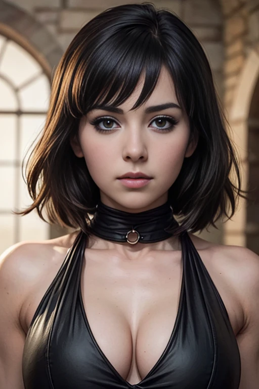 score_9, score_8_up, score_7_up, score_6_up, score_5_up, 1girl, Fubuki, Game of Thrones, tight black dress, cleavage, brown hair, brown eyes, (insanely detailed, beautiful detailed face, masterpiece, best quality) 