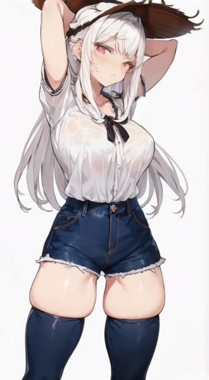 (mesa:1.2), realista, foto de 18 anos、Garota de camisa branca apertada(camisa desabotoada), metade  , melhor qualidade, (seios grandes:1.2), Ombros nus, decote, Nsfw Something?, [[Hands hidden behind the back]], brincos, Camisa completa, gargantilha preta, Sozinho, [sfw]、(Mini shorts jeans danificados、perna alta)、lindas pernas、beautiful abdomen、sente uma cadeira、Olhar de umbigo