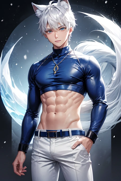 Boy with slim muscular build blue sweatshirt without sleeves snow print wolf ears bluish white hair white pants black leather belt Alaskan background 