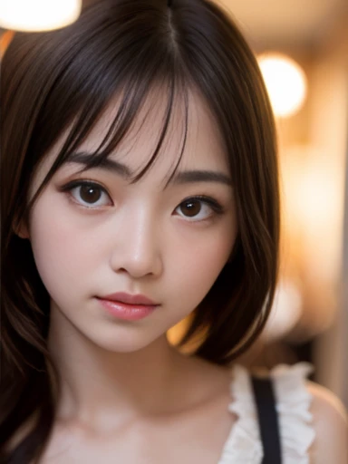 masterpiece, highest quality, 8k, 15 years, Teen, RAW Photos, Award-winning portrait, Cowboy Shot, Laugh shyly, One girl, Idol&#39;s face, 美Shii, Very beautiful, cute, Japanese women,Female Idols, round and large eyes, Droopy eyes, Small nostrils, light makeup, Big round eyes, Tight waist, (やさShii微笑み:1.2), Upper Body, Digital SLR, (85mm F/1.4 Lenses:1.2), (Bokeh:1.2), Shallow depth of field, Focus on the eyes, View your viewers, Frank, Sophisticated, like々Shii, Professional Lighting, (Detailed eyes and face:1.0),