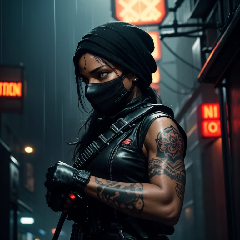 A black woman, A Warrior, with face hidden by a bandana, preparing for an armed robbery with a rifle in hand,illustration, best quality, highres, ultra-detailed, realistic:1.37, dark and dramatic, cinematic lighting, intense atmosphere, smoke-filled background, gritty and edgy, stealthy pose, confident expression, black leather outfit, intricate tattoos on her arms and neck, urban setting, night scene, glowing neon signs, rain pouring down, action-packed, adrenaline rush, thriller genre, dynamic composition, strong chiaroscuro, vibrant colors, minimalistic art style.